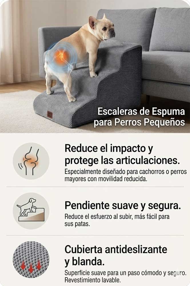 Infografía de las escaleras de espuma EHEYCIGA para perros pequeños con problemas de movilidad. Muestra a un Bulldog Francés usando los escalones curvos para subir al sofá, destacando la protección articular y la funda lavable.