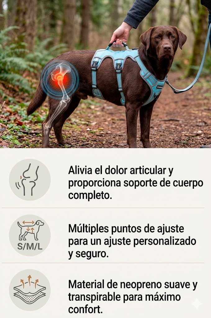 Infografía del arnés de soporte integral COODEO en un perro Labrador chocolate con un gráfico de dolor articular en la cadera. La sección inferior detalla tres beneficios: alivio del dolor, múltiples puntos de ajuste y material de neopreno transpirable.