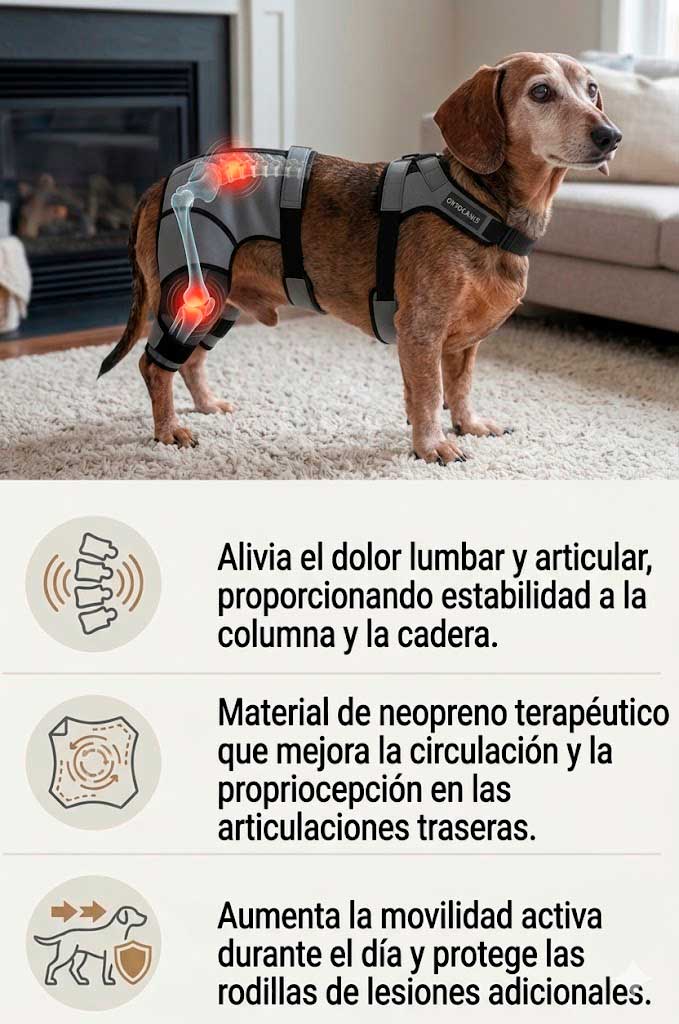 Infografía del soporte lumbar y de cadera Ortocanis en un perro pequeño senior de raza Teckel. La imagen incluye un gráfico de calor que señala el alivio del dolor en la columna y la rodilla, y detalla en la parte inferior sus tres beneficios médicos basados en el neopreno terapéutico.